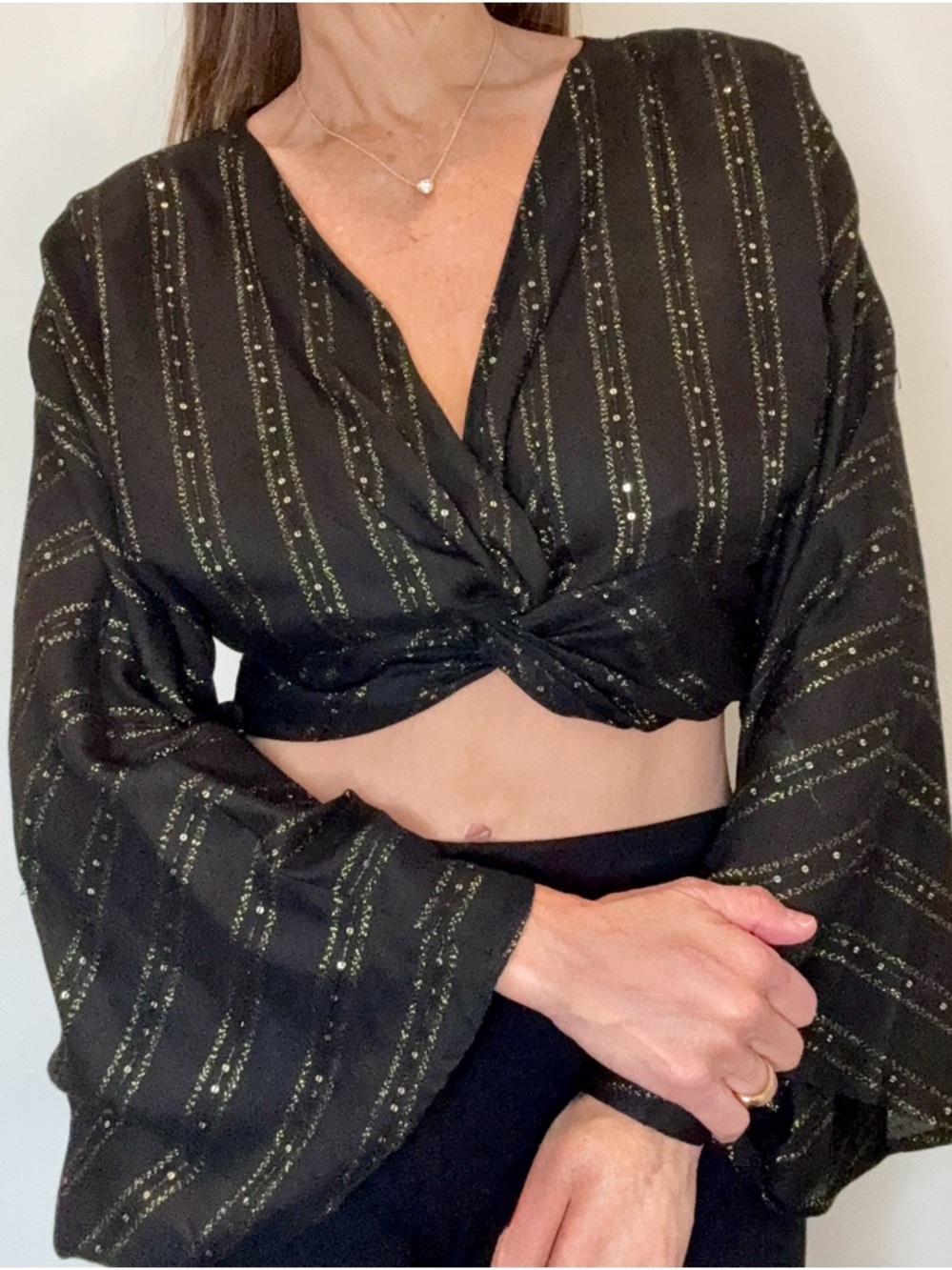 By Together Black Metallic Stripe Twist-Front Crop Top